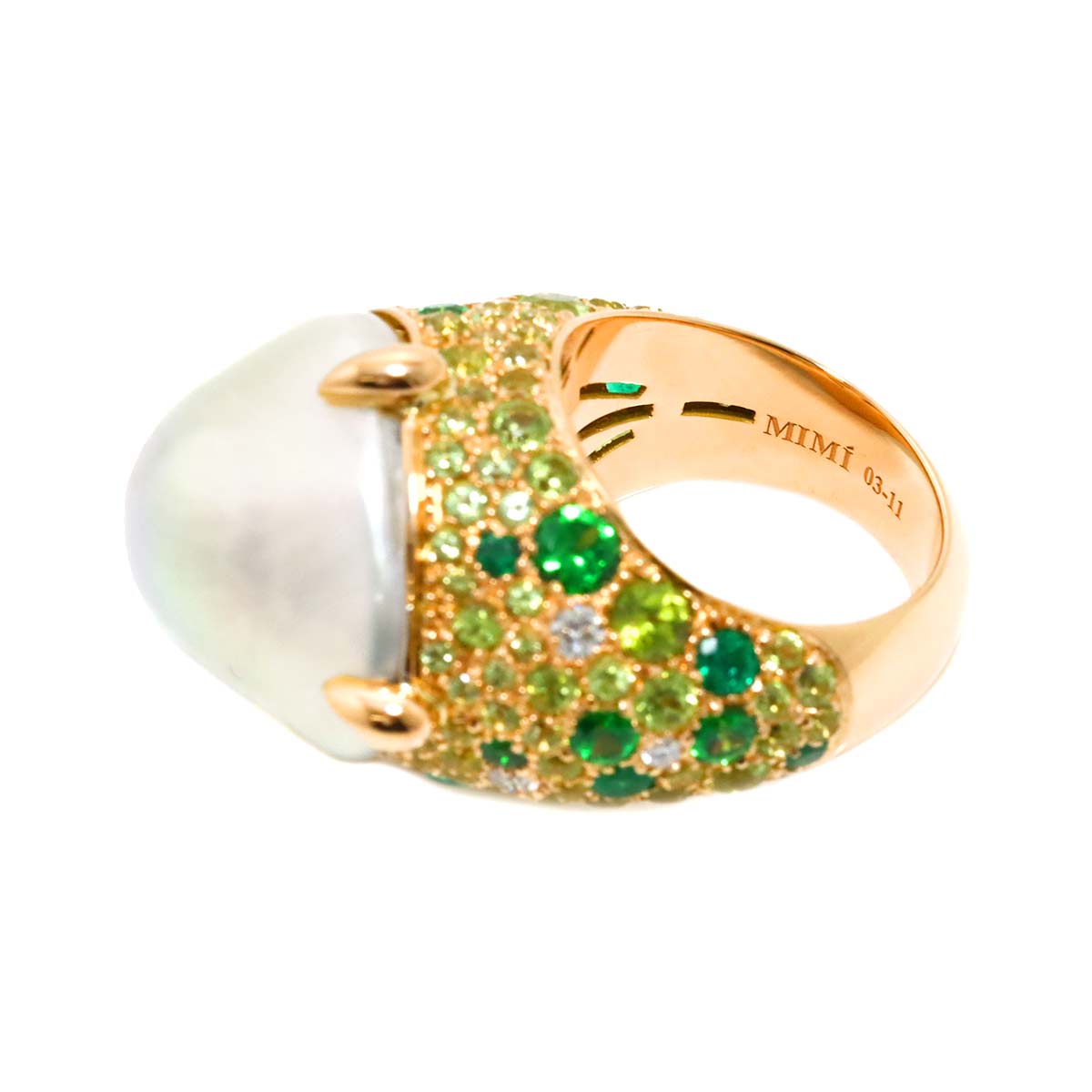 Freshwater cultured pearl Peridot Garnet Diamond Ring 18K PG 750