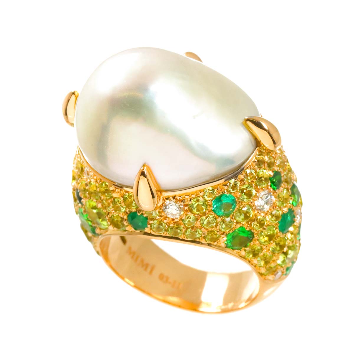 Freshwater cultured pearl Peridot Garnet Diamond Ring 18K PG 750