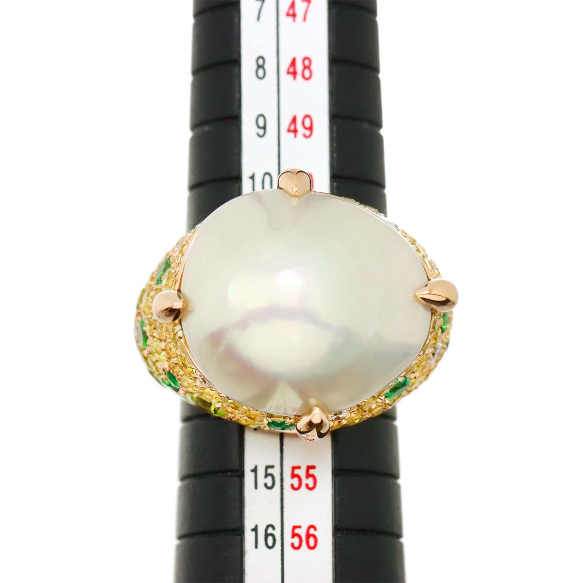 Freshwater cultured pearl Peridot Garnet Diamond Ring 18K PG 750