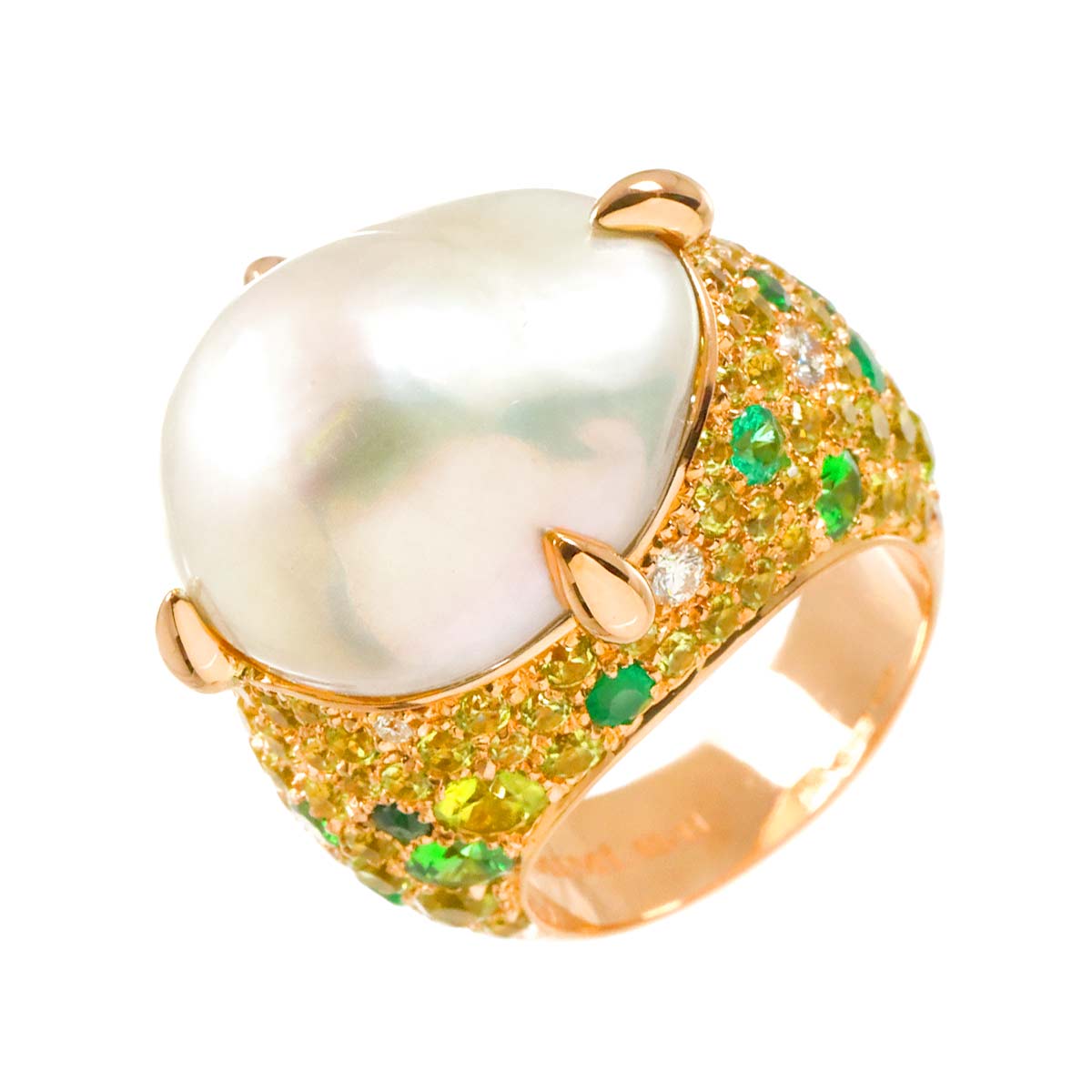 Freshwater cultured pearl Peridot Garnet Diamond Ring 18K PG 750