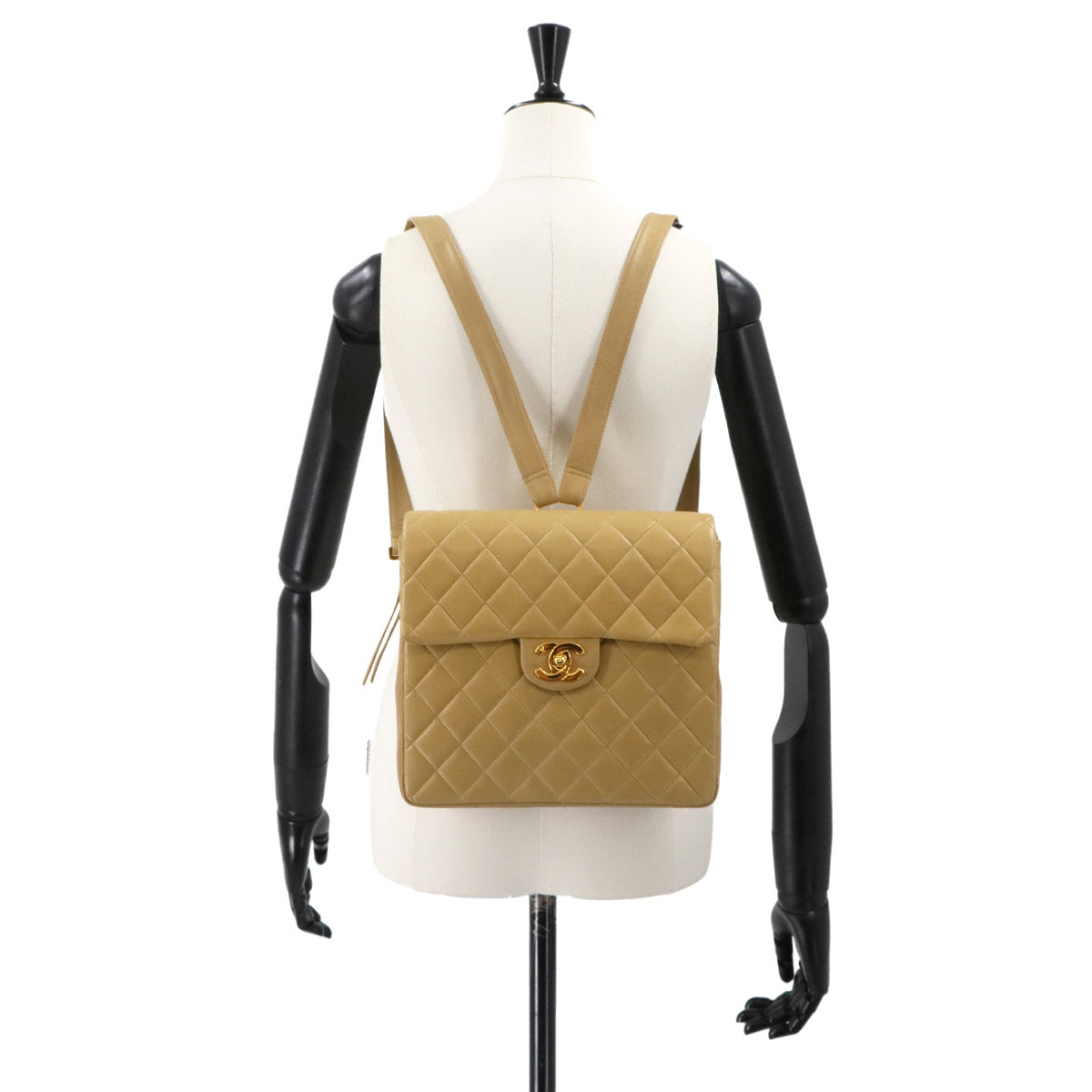 Matelasse Chain Backpack Leather Beige Purse Vintage