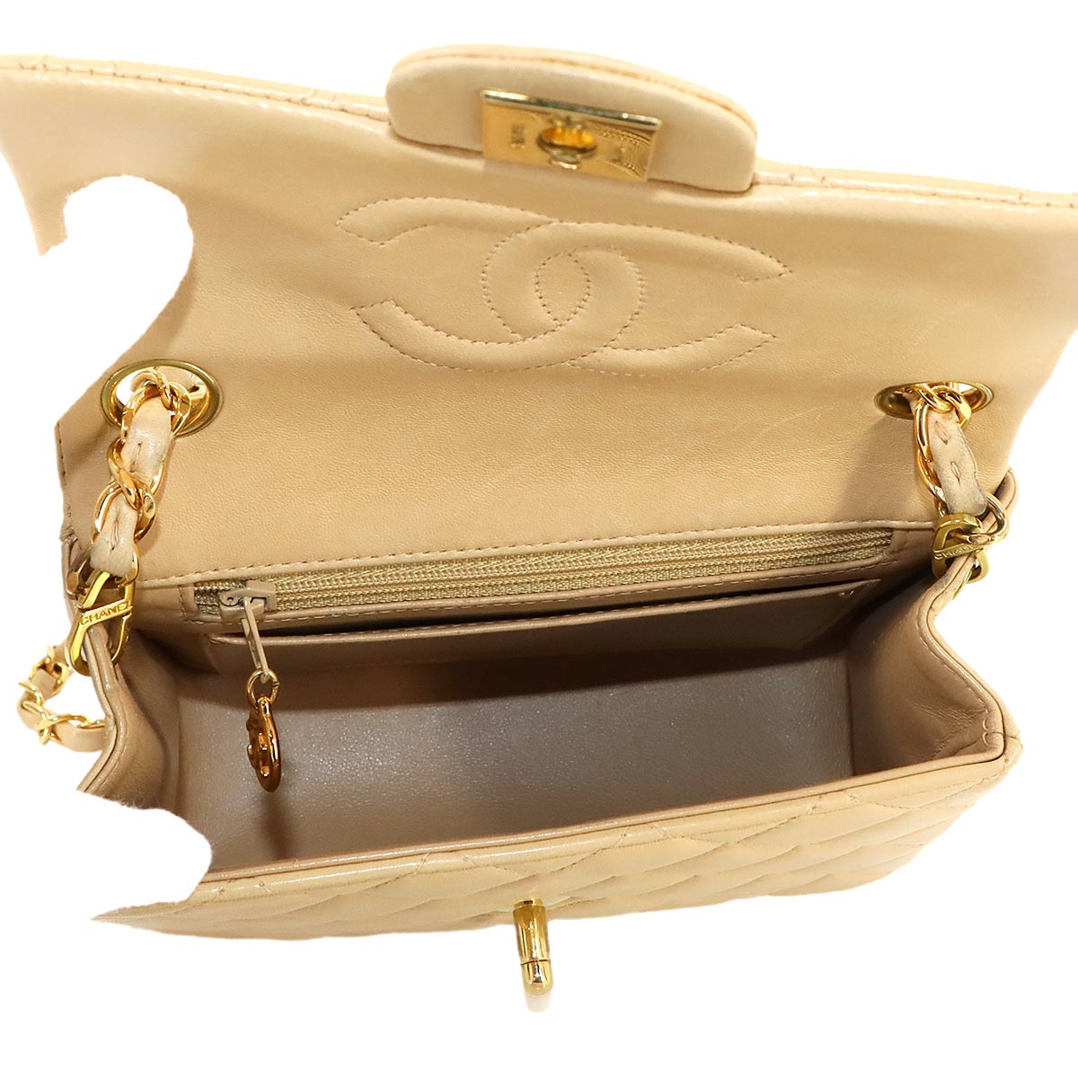 Mini Matelasse Chain Shoulder Bag Leather Beige A01115