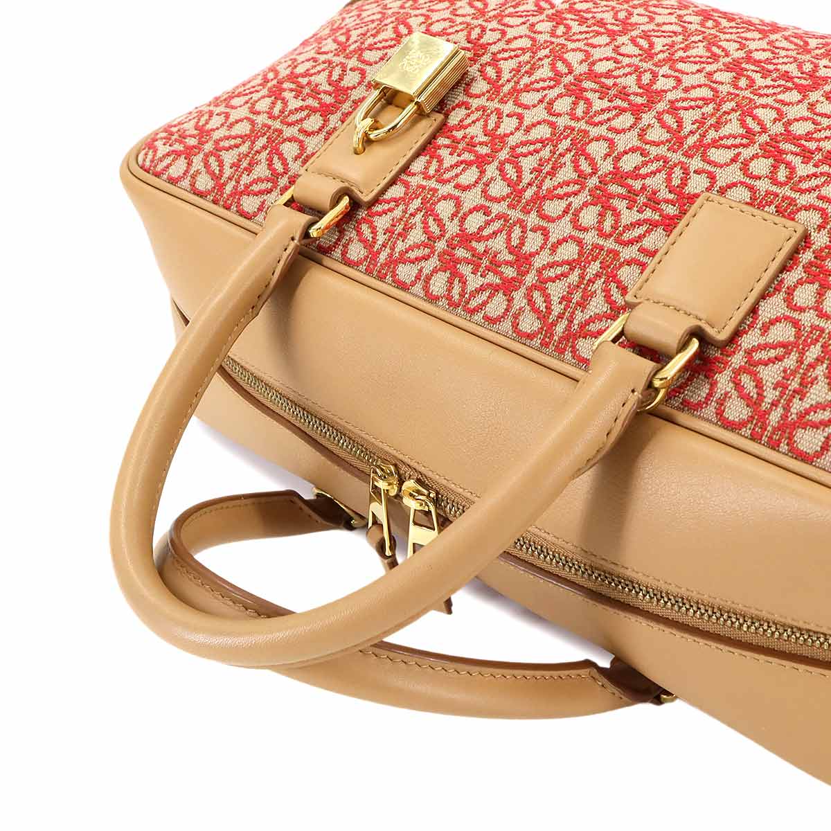 Amazona 28 Hand Shoulder Bag Jacquard Leather Brown Red Anagram