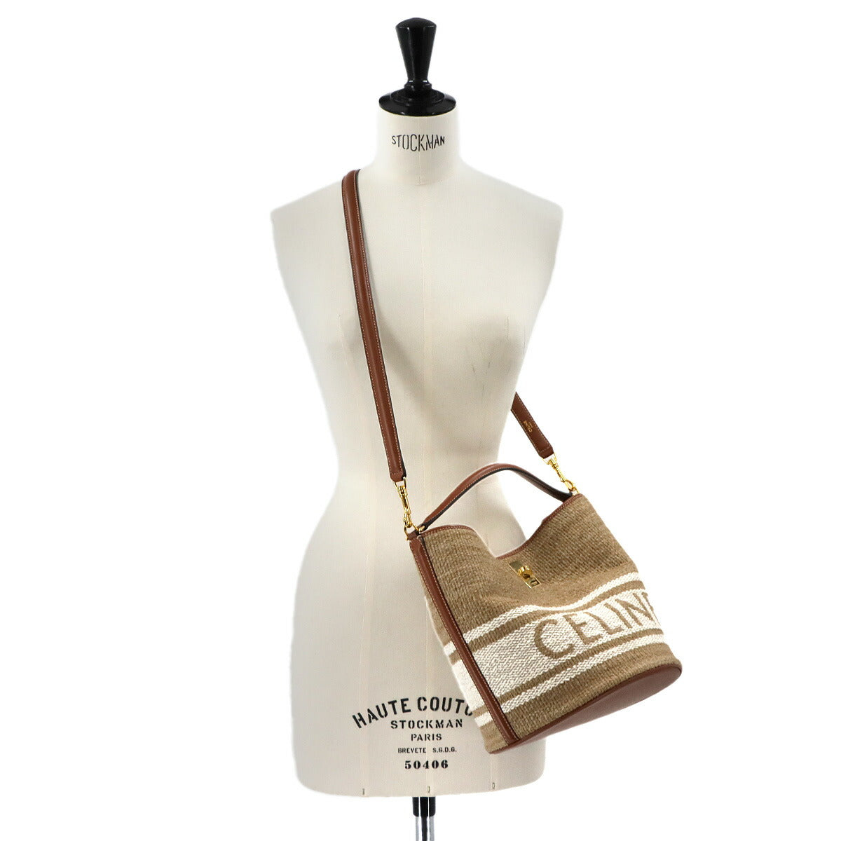 16 Bucket Bag Hand Shoulder Textile Leather Beige