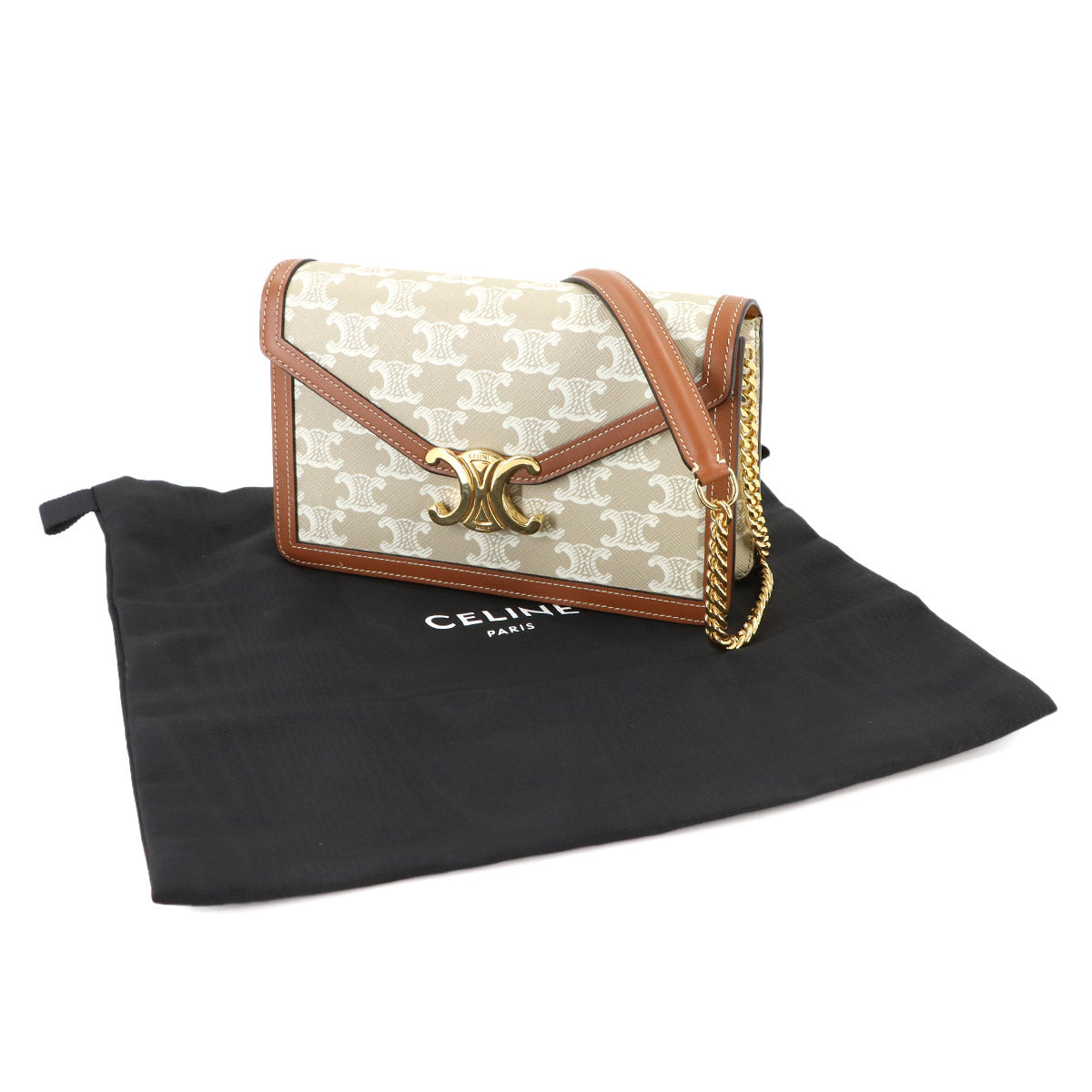 Triomphe Chain Long Wallet Leather Beige Brown 10L462F16 Purse