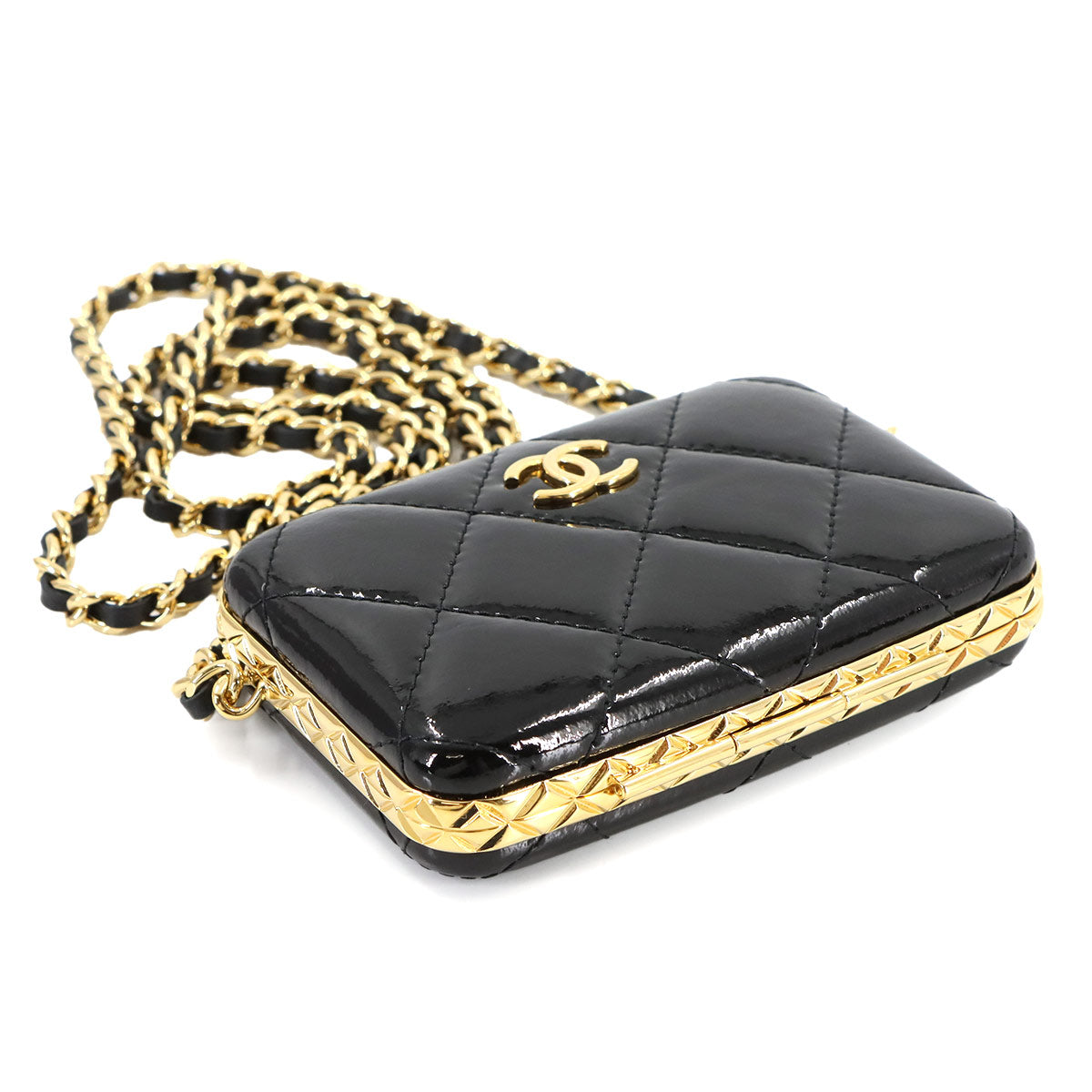 Matelasse Chain Shoulder Card Case Enamel Black AP2242