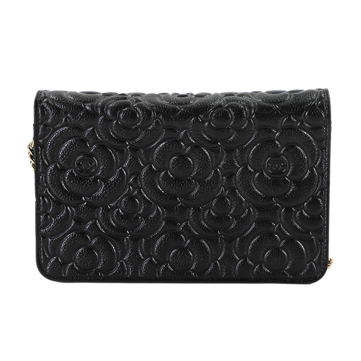 Camellia Chain Wallet Leather Black A82336 Purse CC Logos
