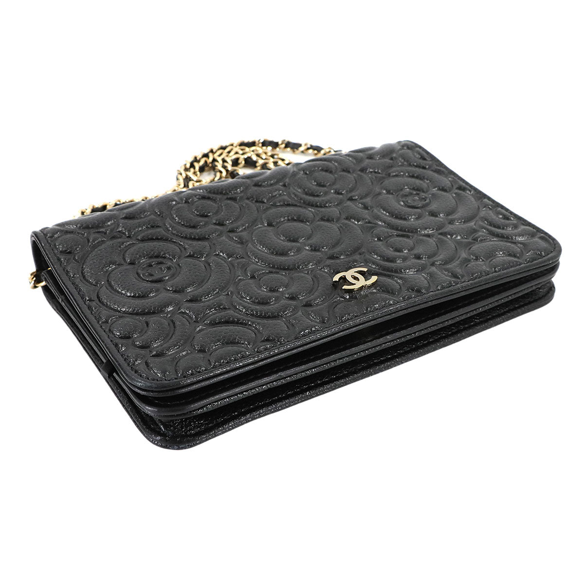 Camellia Chain Wallet Leather Black A82336 Purse CC Logos