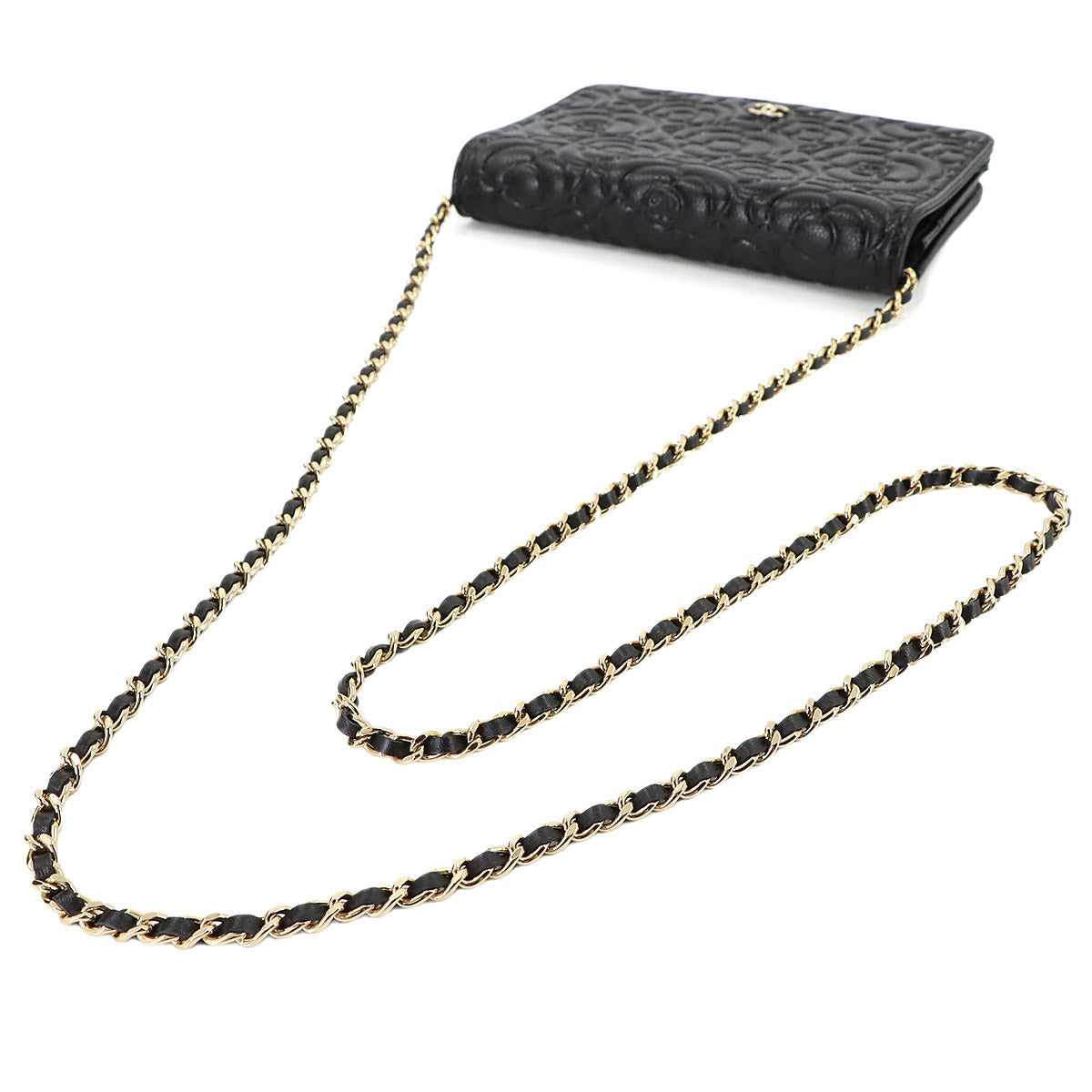 Camellia Chain Wallet Leather Black A82336 Purse CC Logos