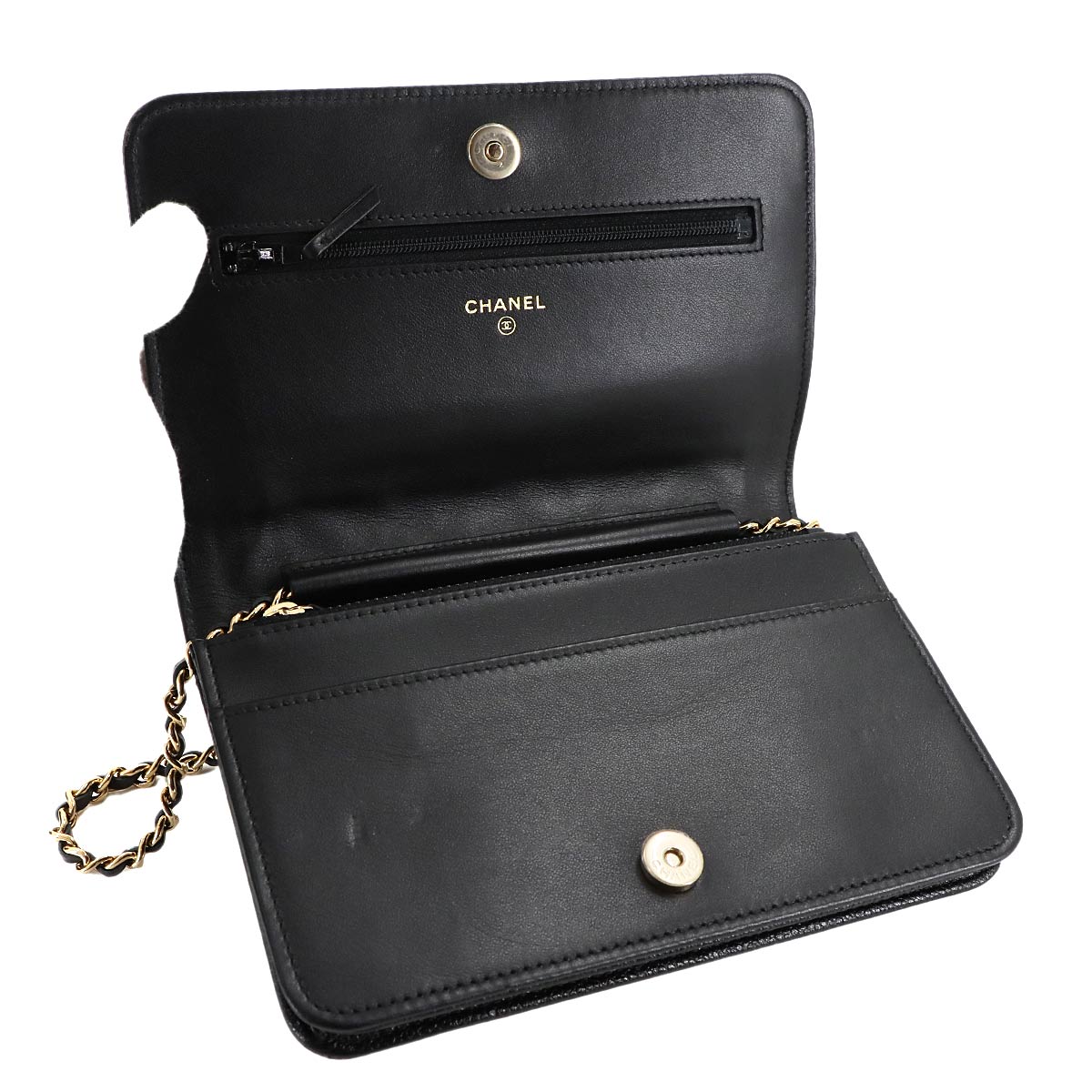 Camellia Chain Wallet Leather Black A82336 Purse CC Logos
