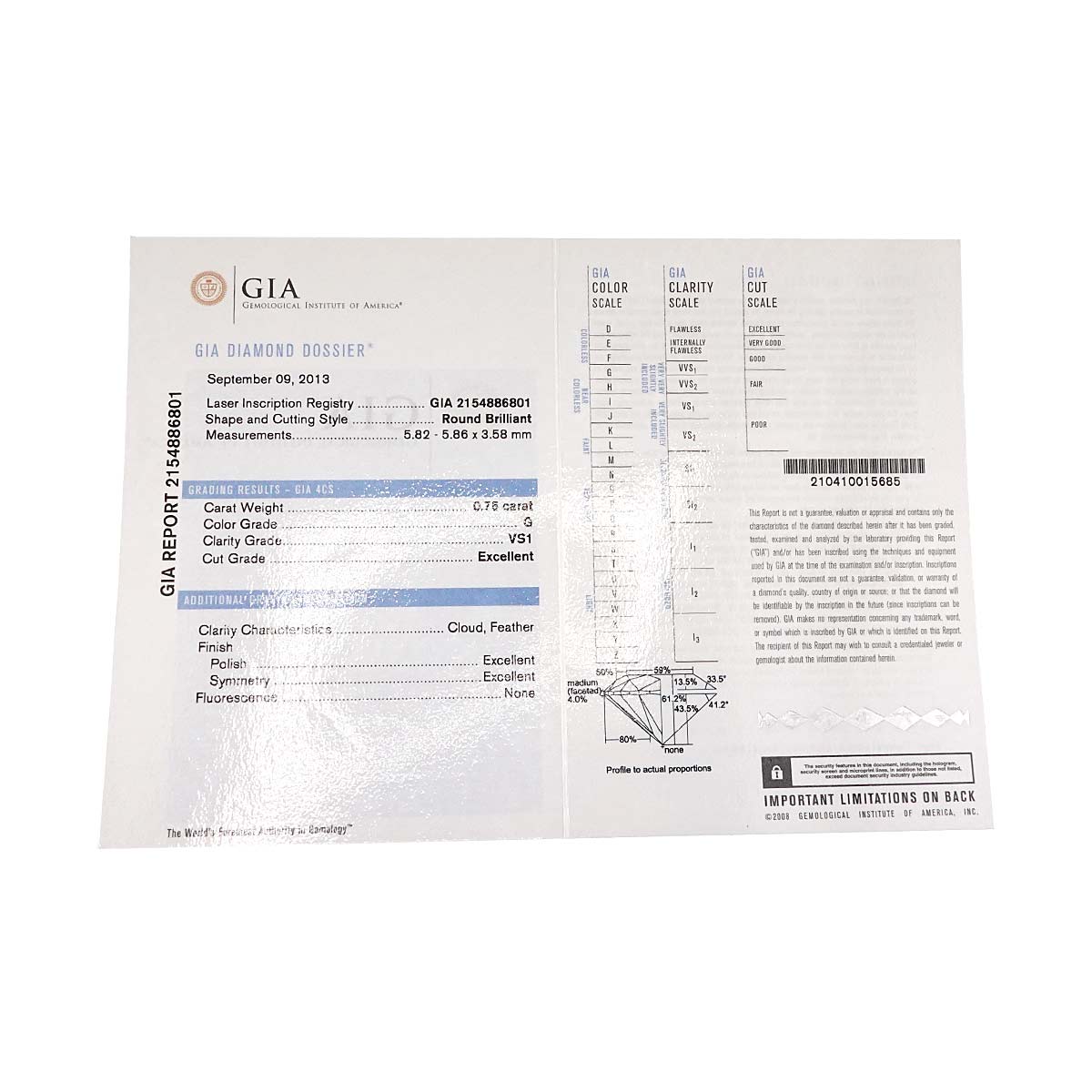 Diamond 0.76ct/0.75ct G/VS1/3EX Earrings Pierced Pt Platinum