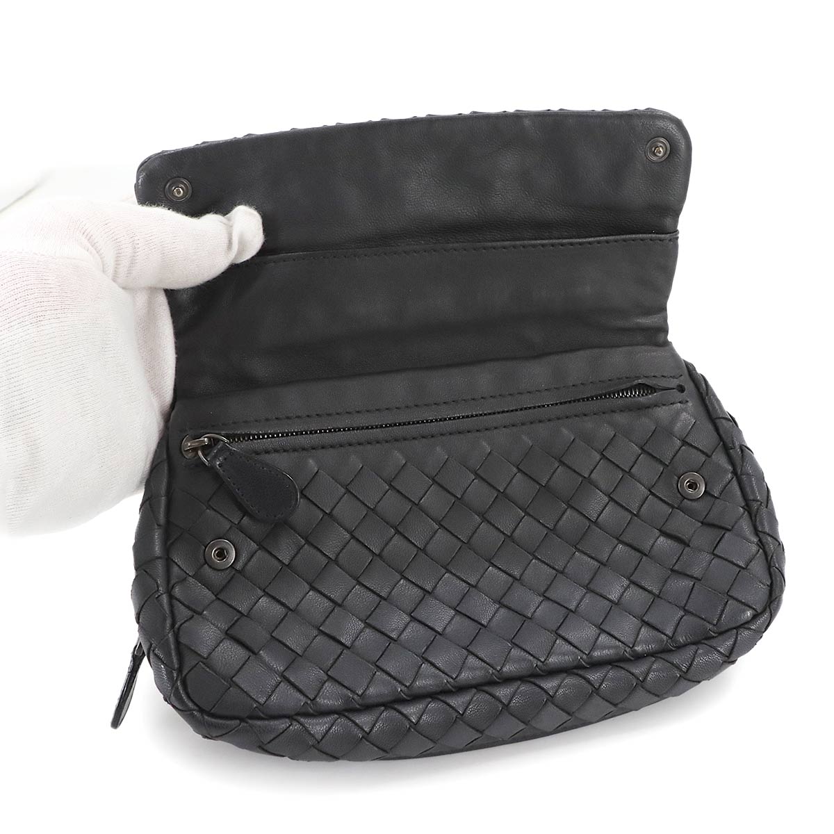 Intrecciato Chain Shoulder Bag Leather Black 310774