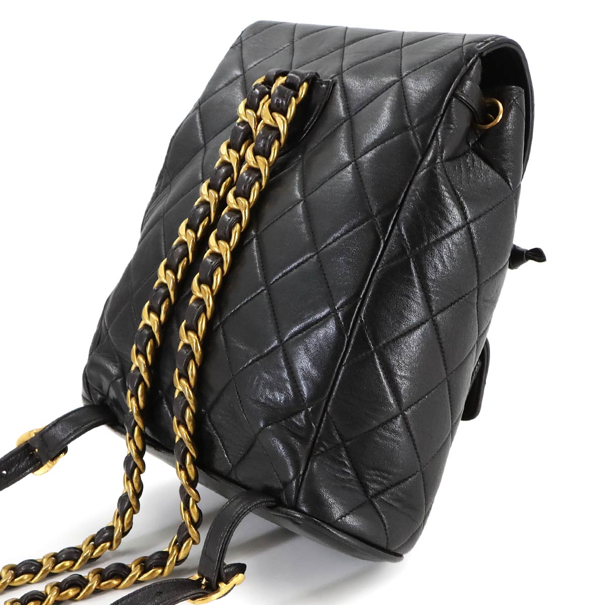 Matelasse Chain Backpack Leather Black duma Purse Vintage
