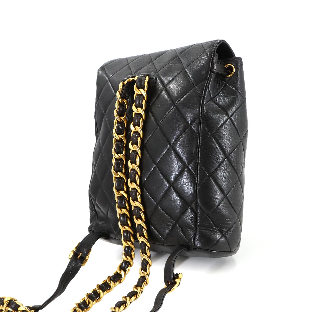 Matelasse Chain Backpack Leather Black duma Purse Vintage