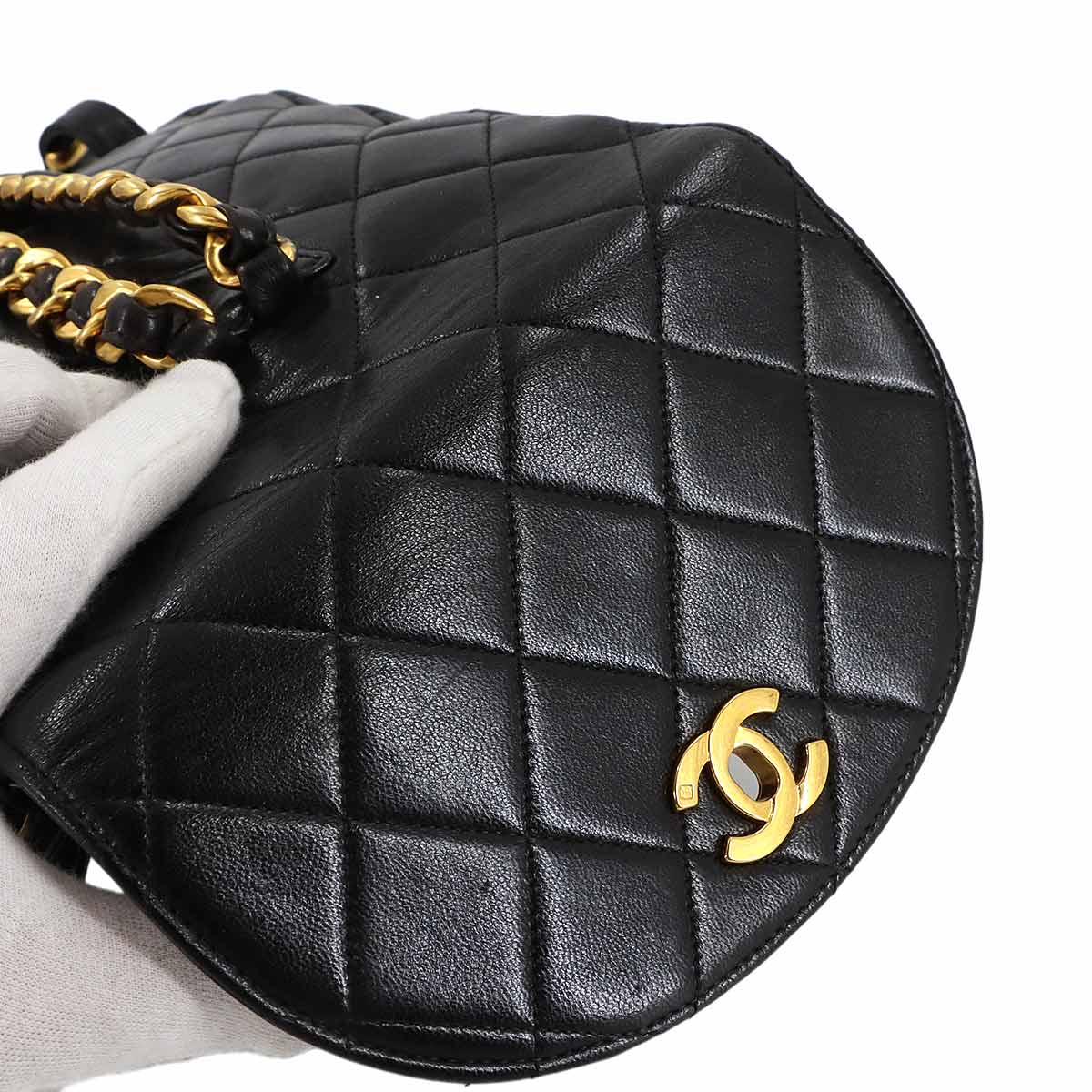 Matelasse Chain Backpack Leather Black duma Purse Vintage