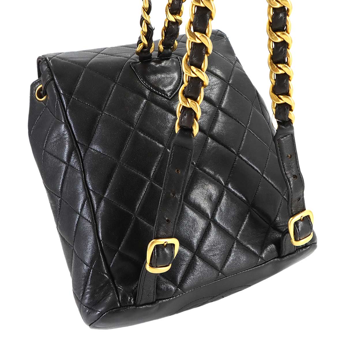 Matelasse Chain Backpack Leather Black duma Purse Vintage