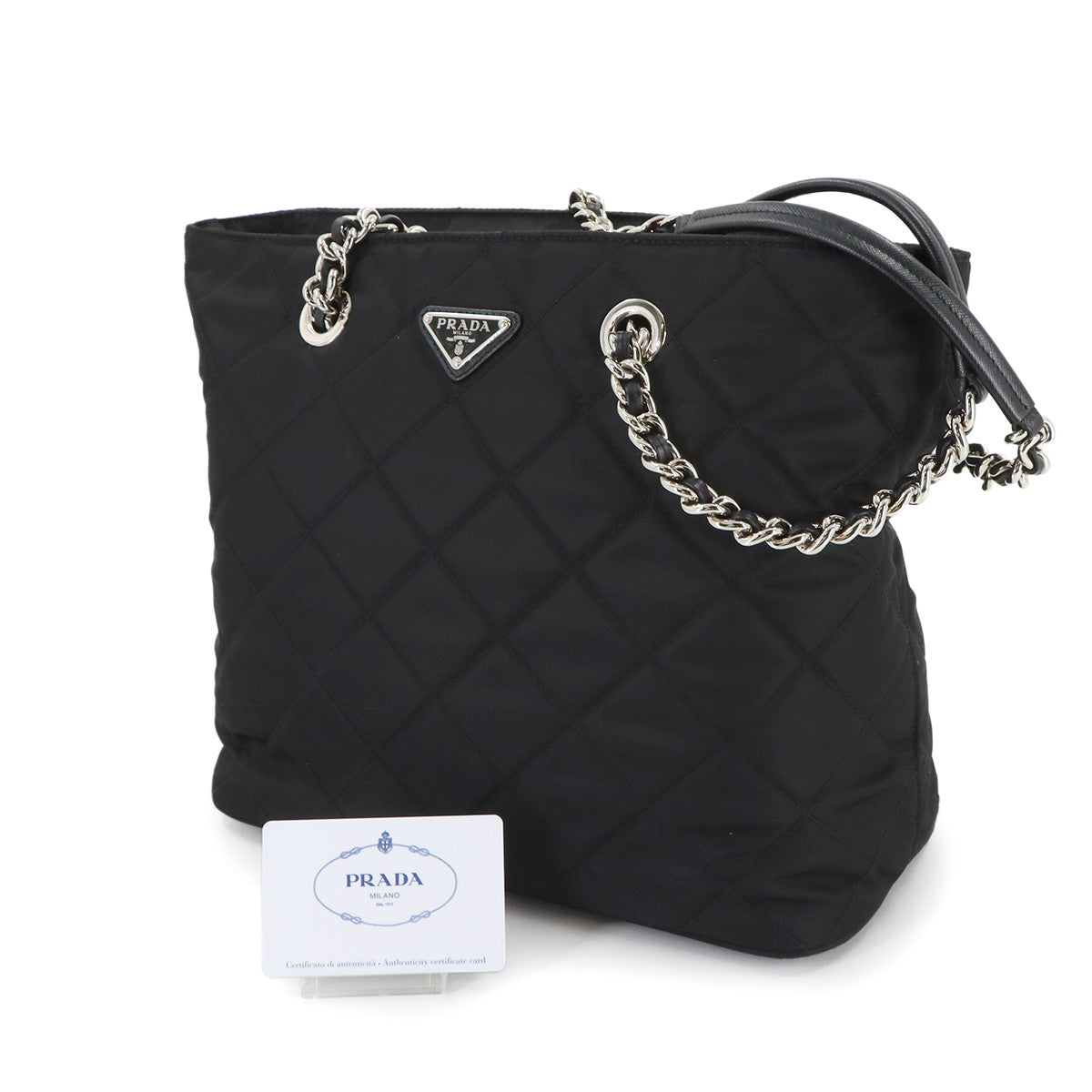 Quilted Chain Tote Bag Nylon Leather Black 1BG017 Purse