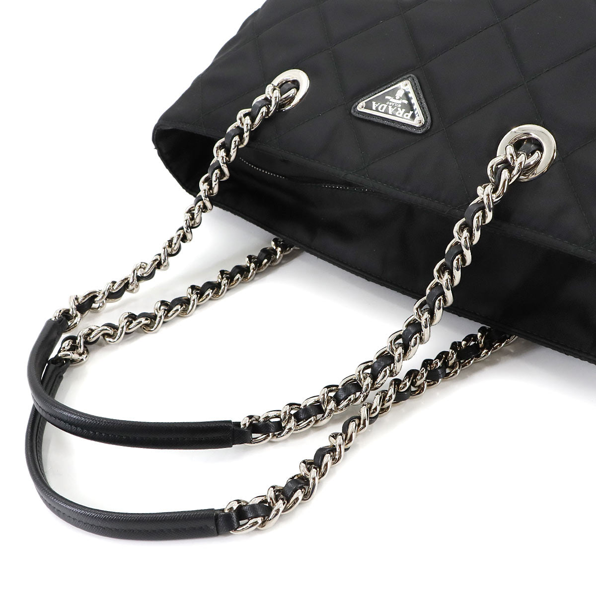 Quilted Chain Tote Bag Nylon Leather Black 1BG017 Purse