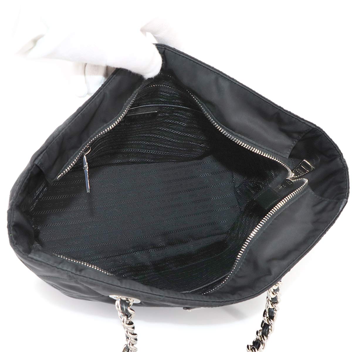 Quilted Chain Tote Bag Nylon Leather Black 1BG017 Purse