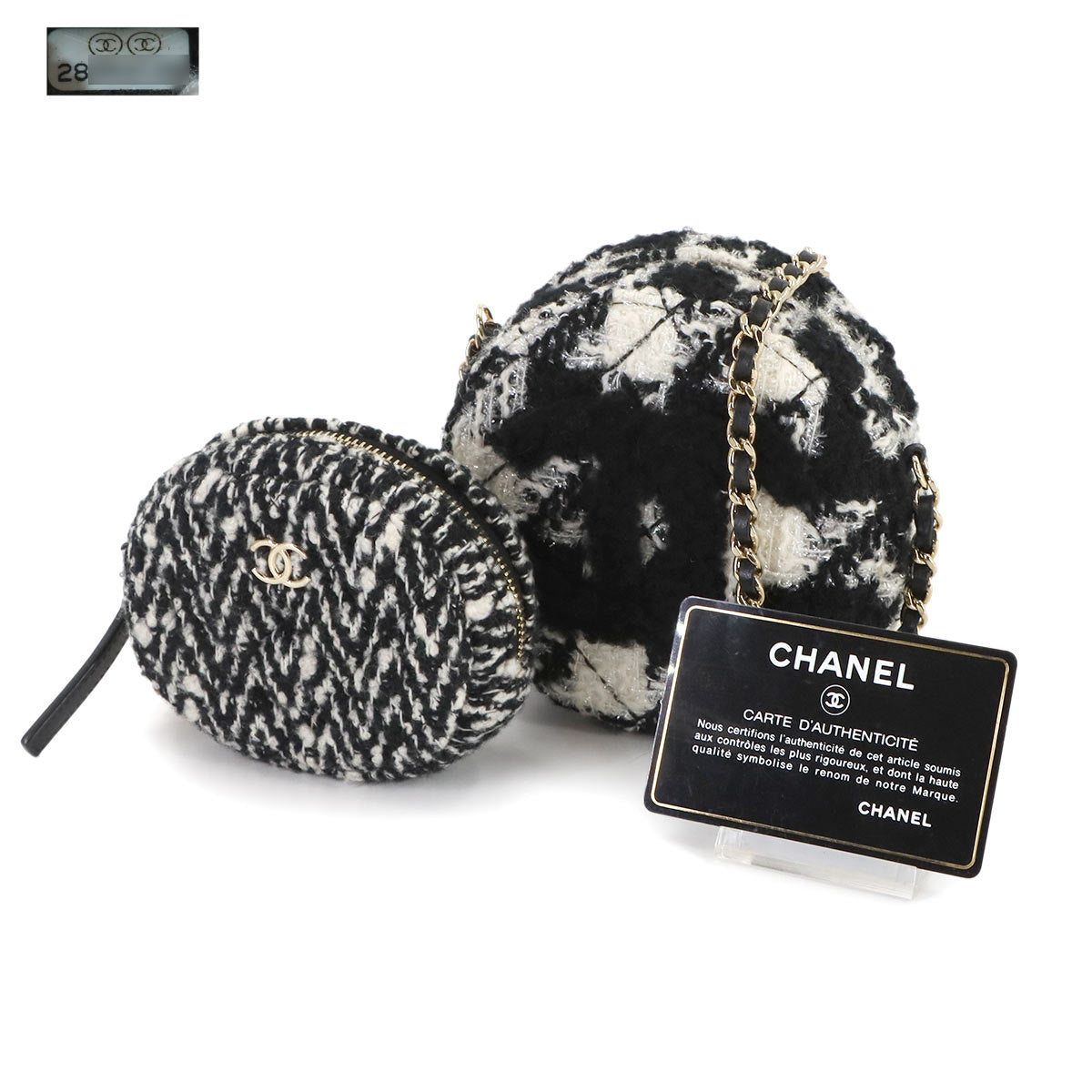 Round Clutch Chain Shoulder Bag Tweed Leather Black Houndstooth