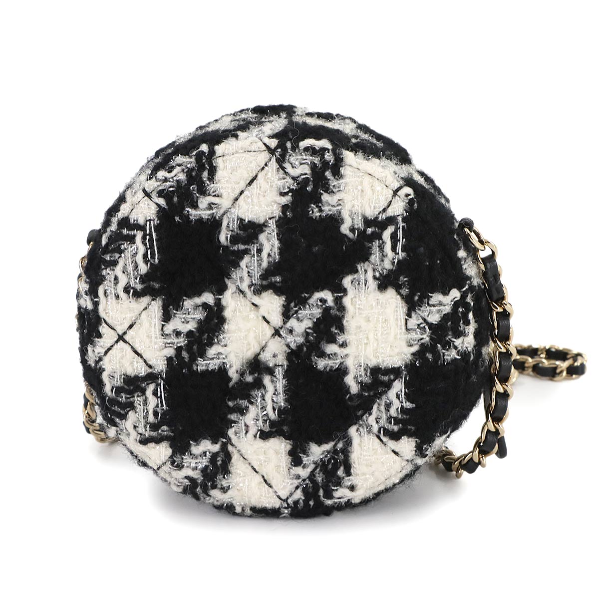 Round Clutch Chain Shoulder Bag Tweed Leather Black Houndstooth