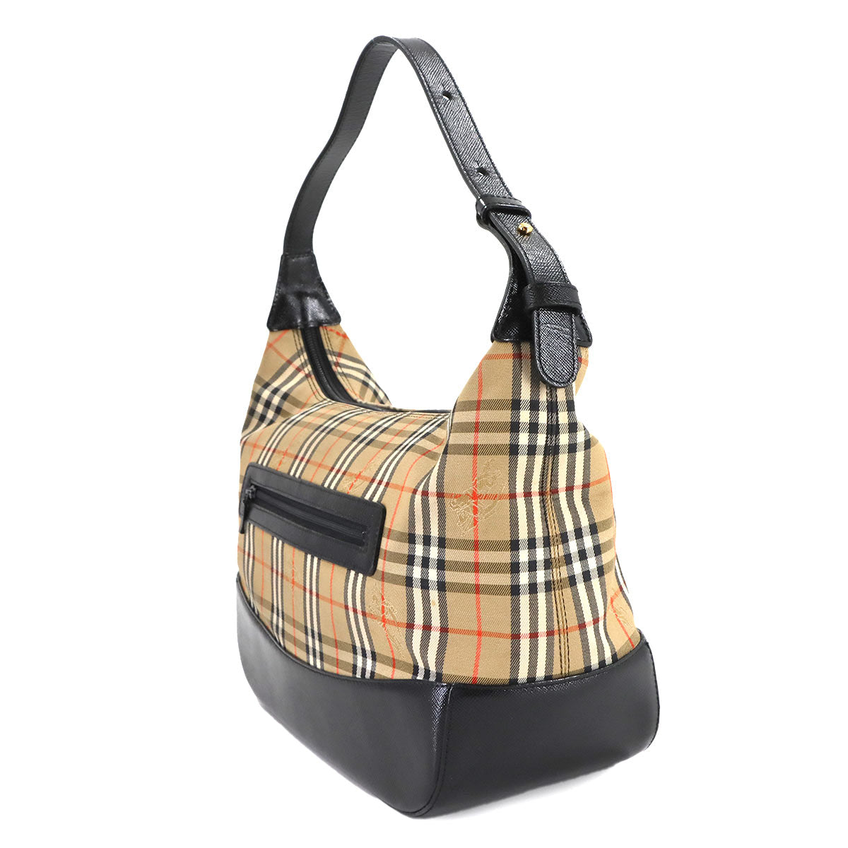 Shoulder Bag Canvas Leather Beige Black Plaid Purse