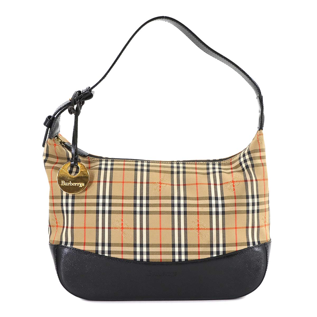 Shoulder Bag Canvas Leather Beige Black Plaid Purse
