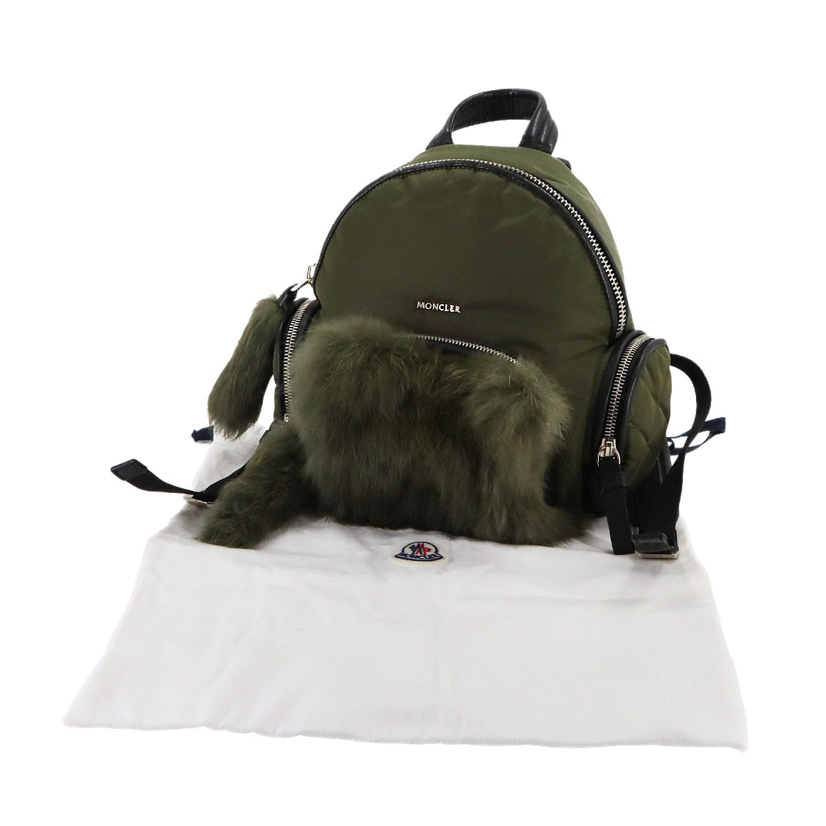 Florine Zaino Back Pack Nylon Leather Fur Khaki Black Purse