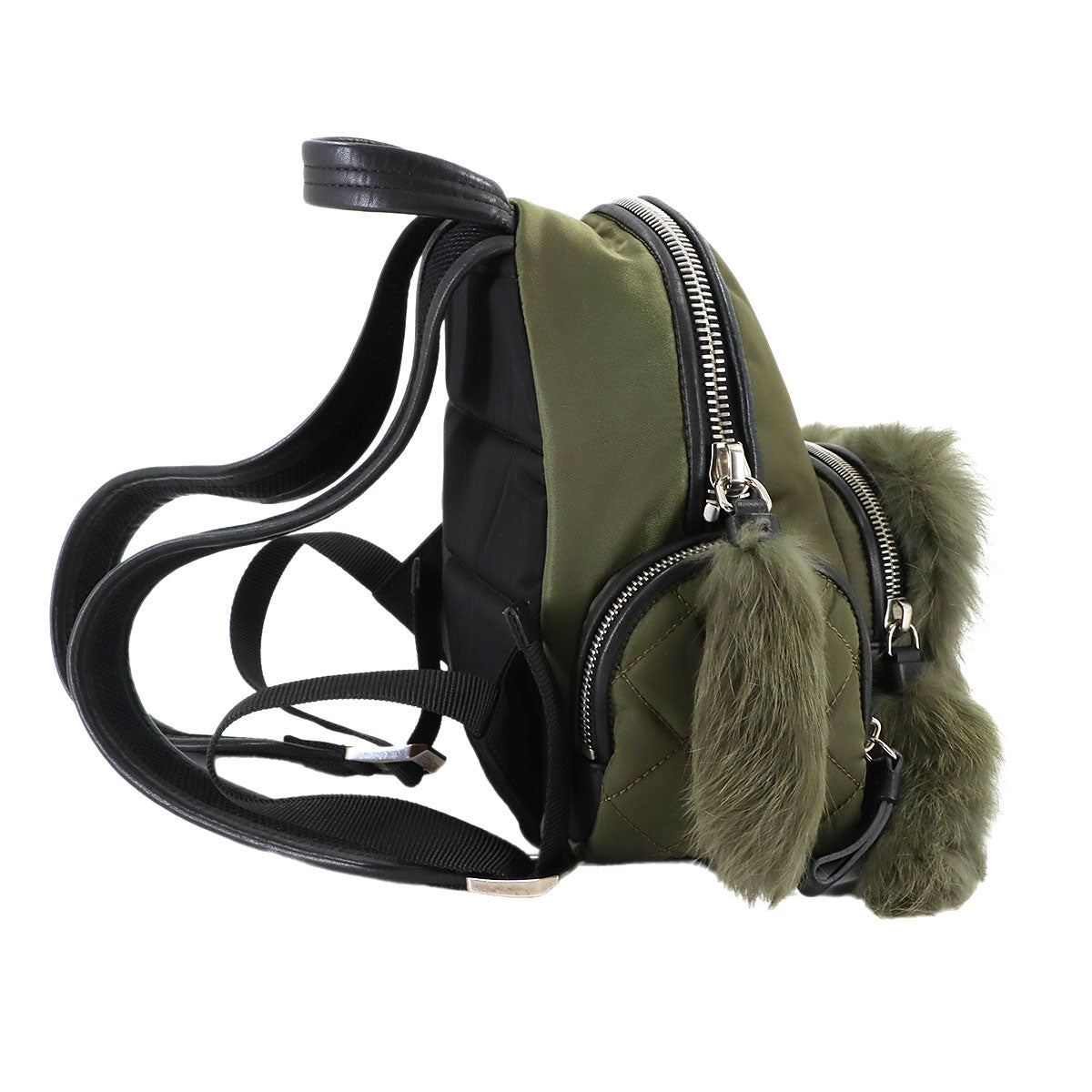 Florine Zaino Back Pack Nylon Leather Fur Khaki Black Purse