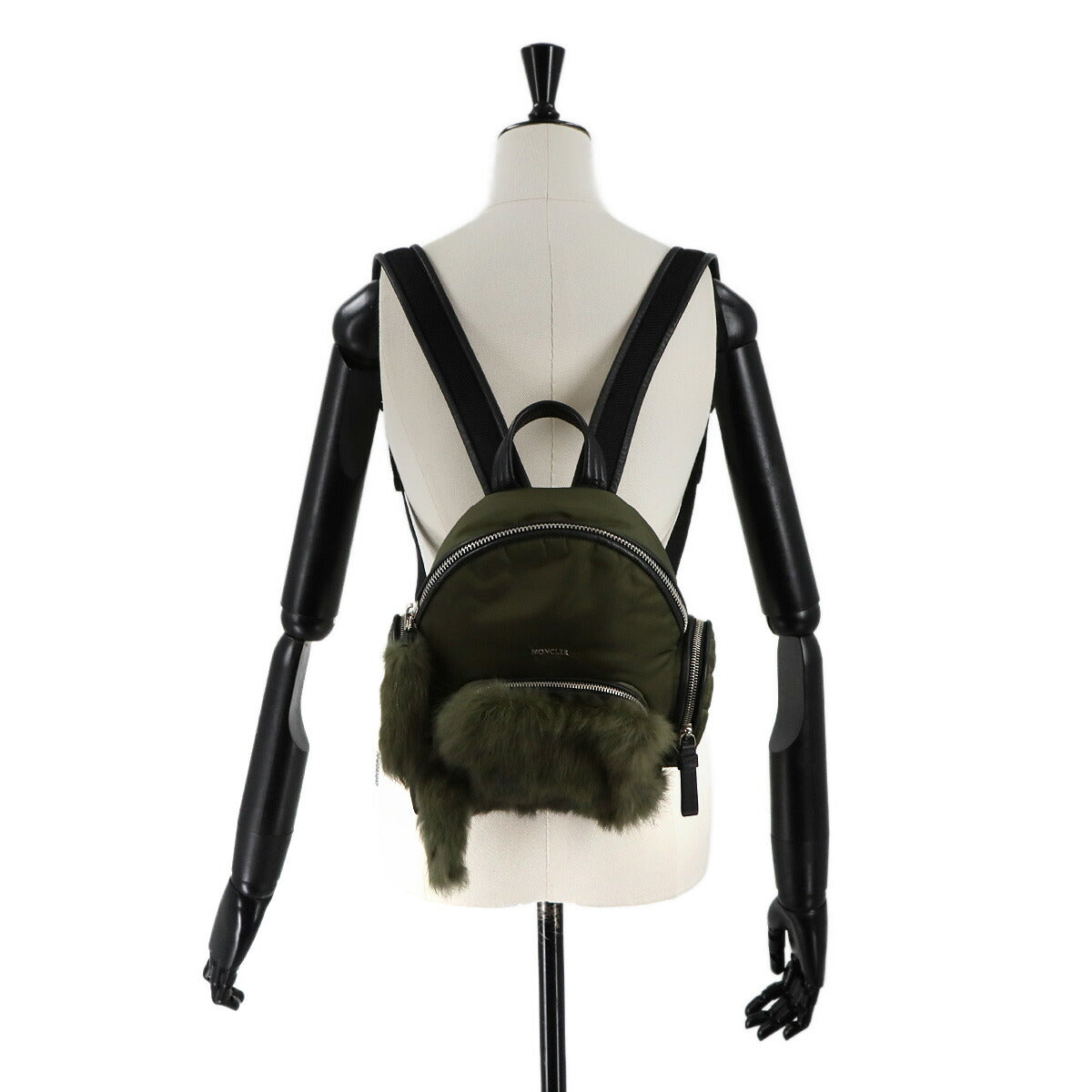 Florine Zaino Back Pack Nylon Leather Fur Khaki Black Purse