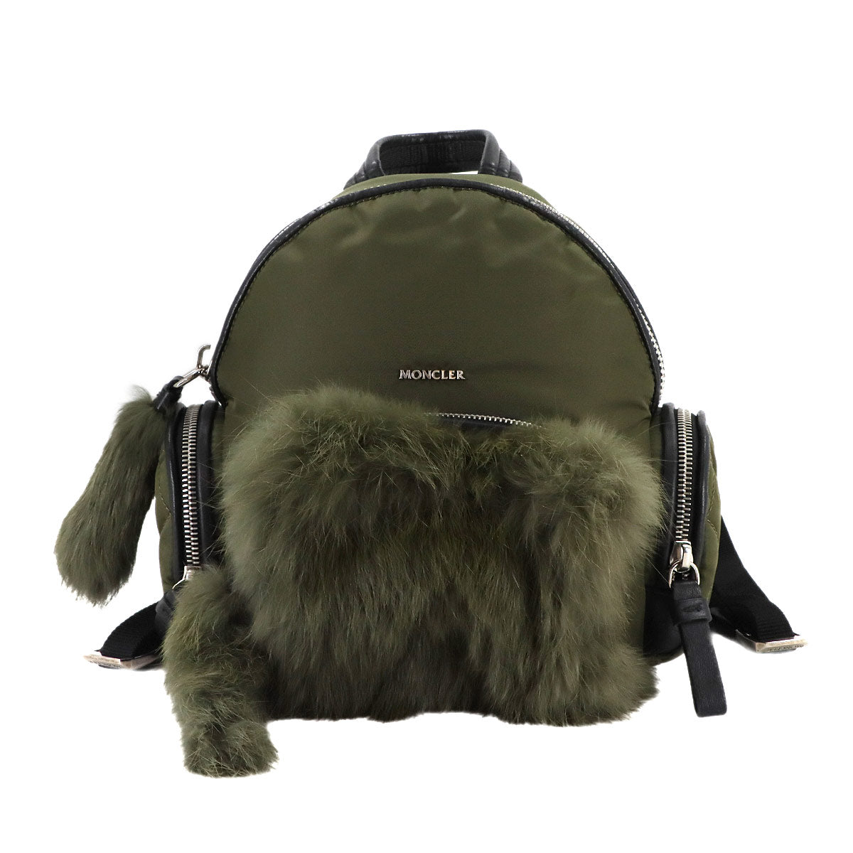 Florine Zaino Back Pack Nylon Leather Fur Khaki Black Purse