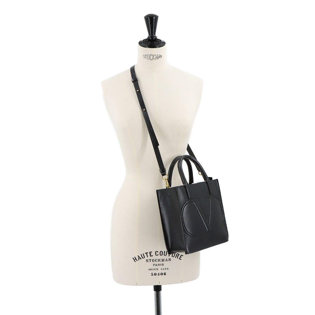 V Logos Walk Hand Shoulder Bag Leather Black