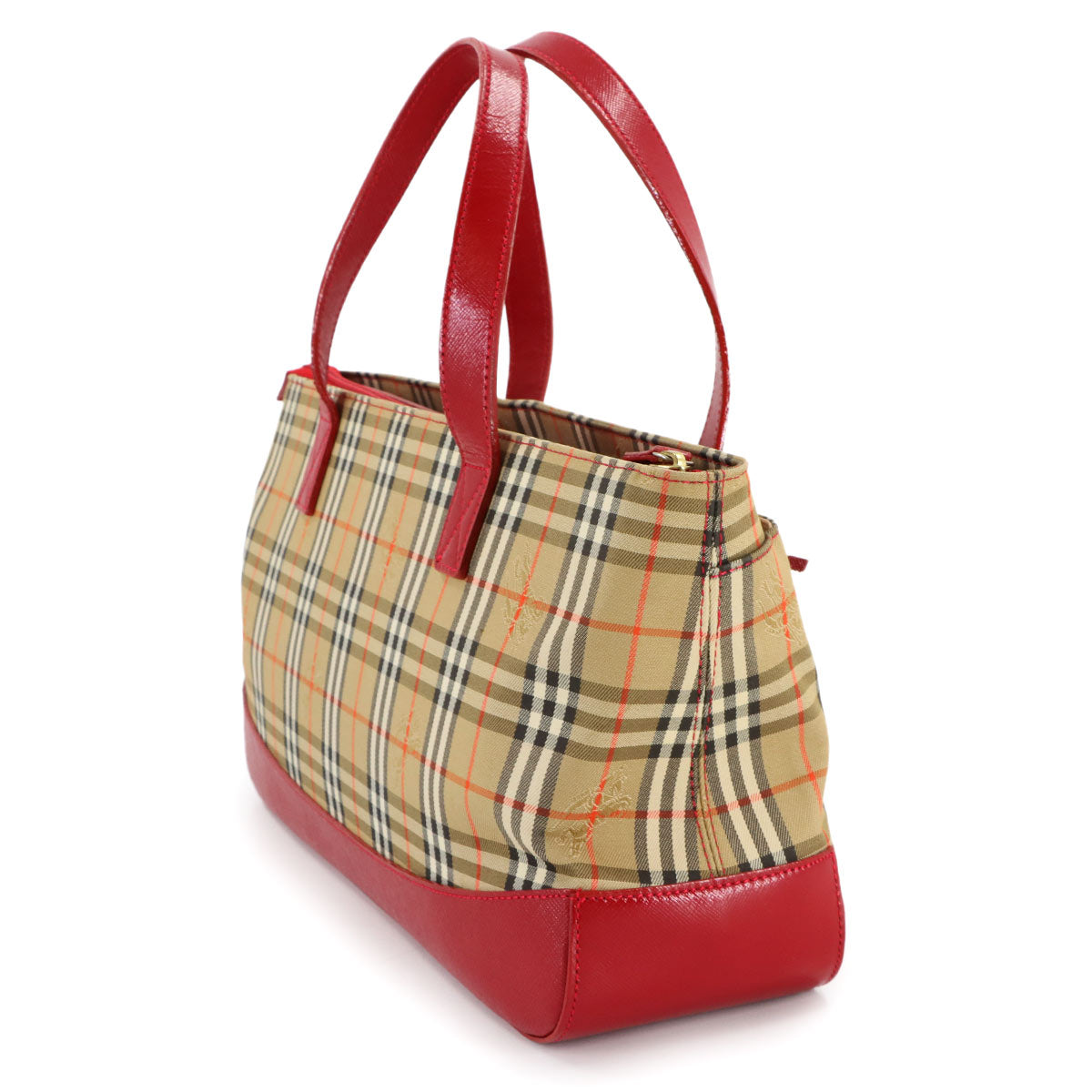Plaid Hand Bag Canvas Leather Beige Red Purse
