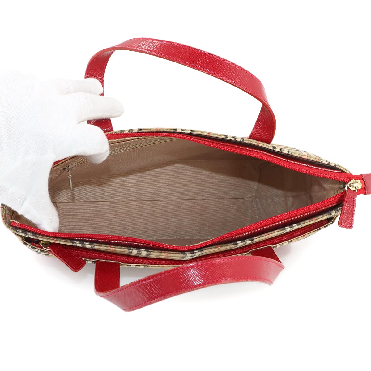 Plaid Hand Bag Canvas Leather Beige Red Purse