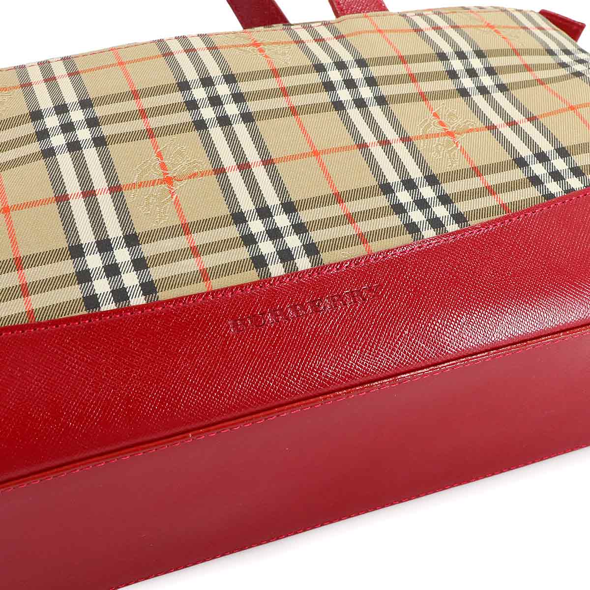 Plaid Hand Bag Canvas Leather Beige Red Purse