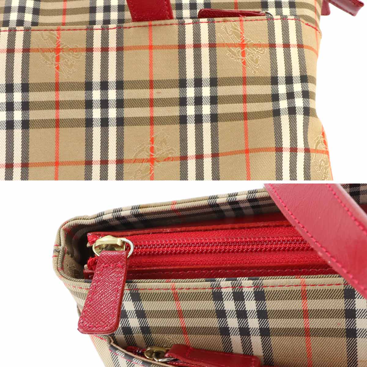 Plaid Hand Bag Canvas Leather Beige Red Purse