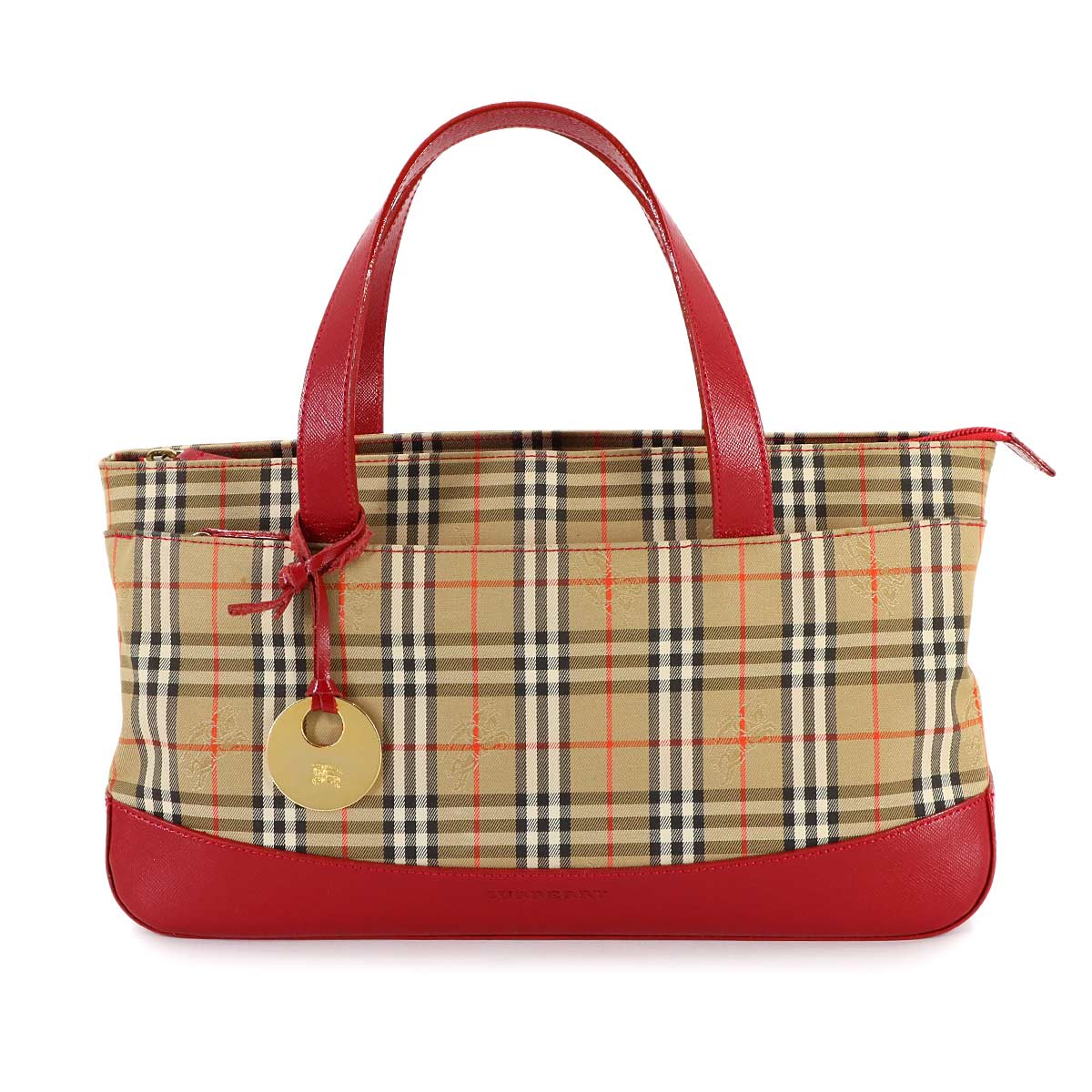 Plaid Hand Bag Canvas Leather Beige Red Purse