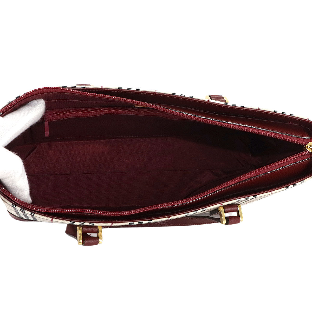 Plaid Hand Bag Canvas Leather Beige Bordeaux Purse