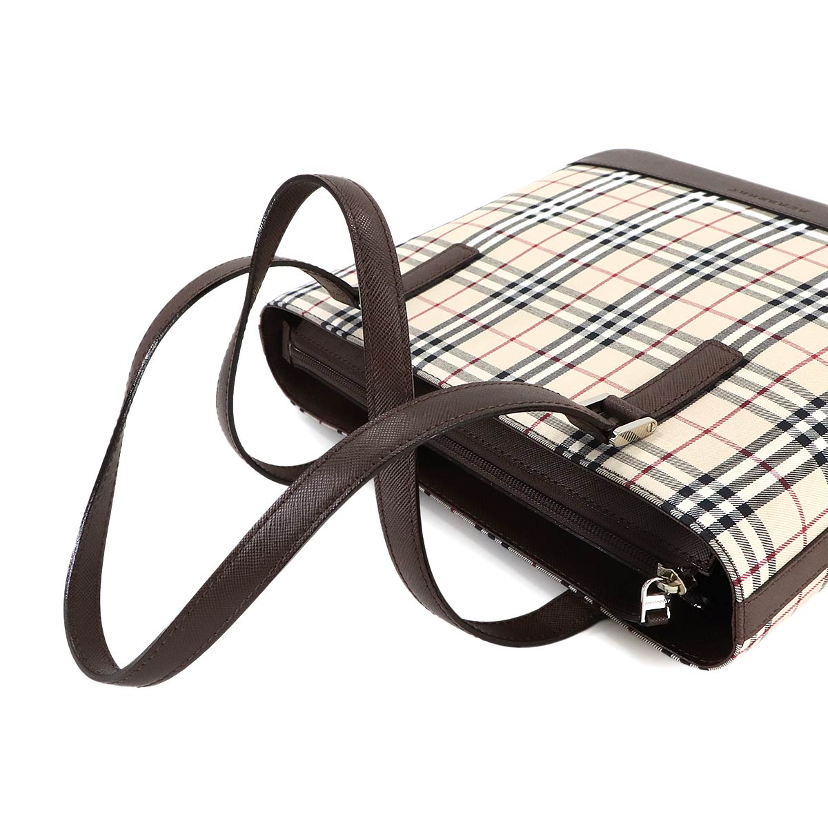 Plaid Hand Bag Canvas Leather Beige Brown Purse