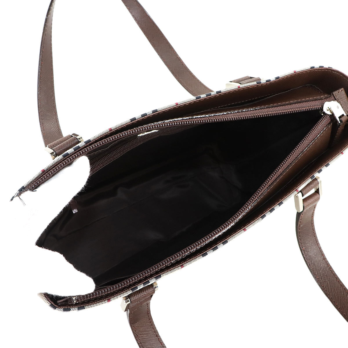 Plaid Hand Bag Canvas Leather Beige Brown Purse