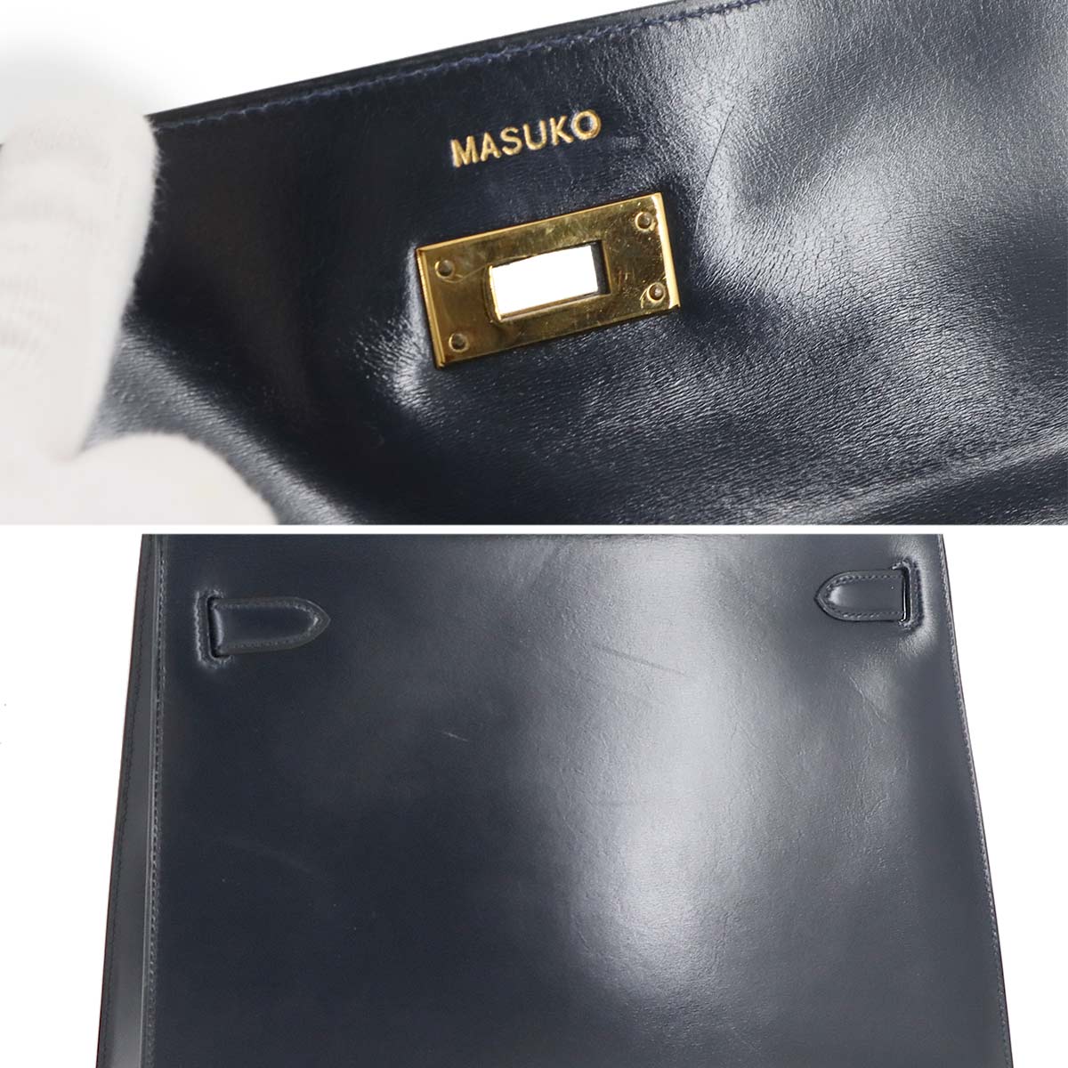 Kelly 32 Box calf Navy Hand Bag Vintage Purse