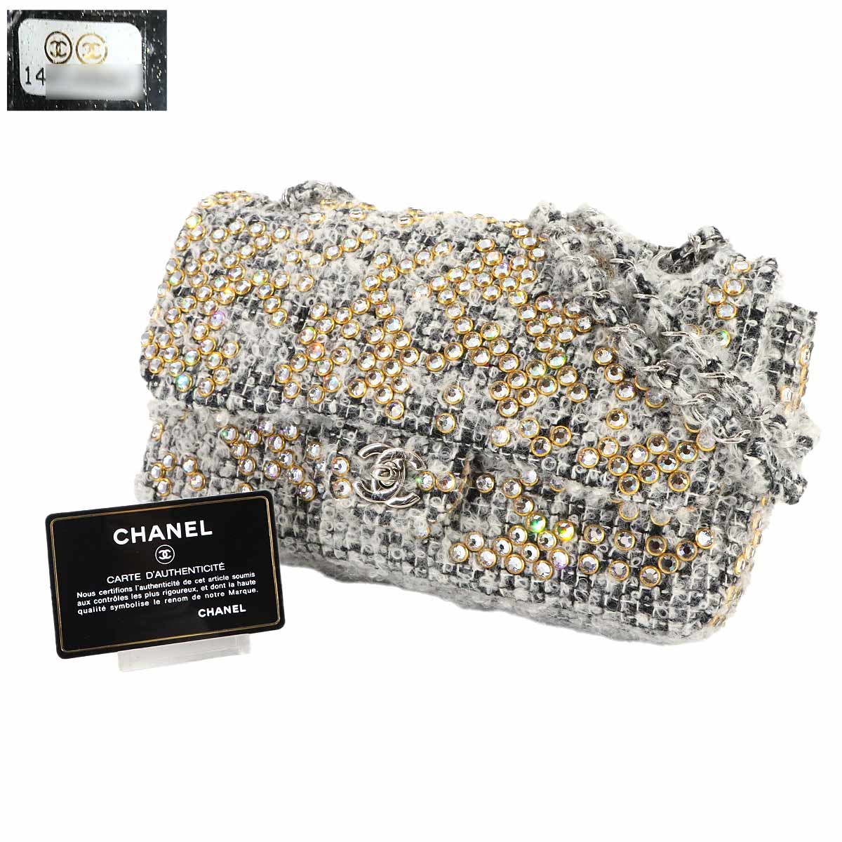 Chain Shoulder Bag Tweed Rhinestone Gray Purse