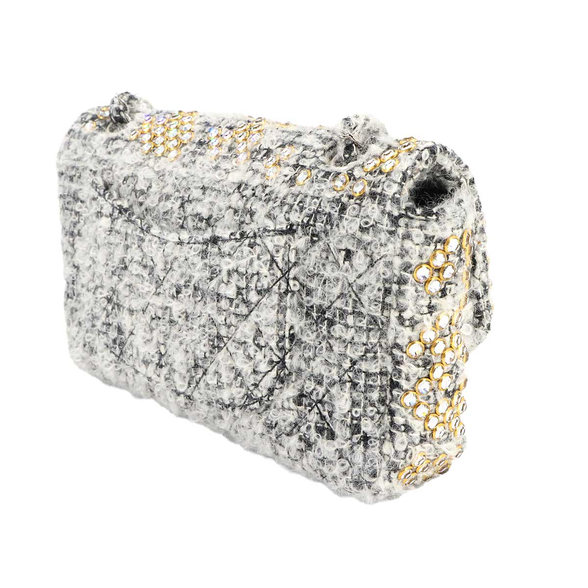 Chain Shoulder Bag Tweed Rhinestone Gray Purse