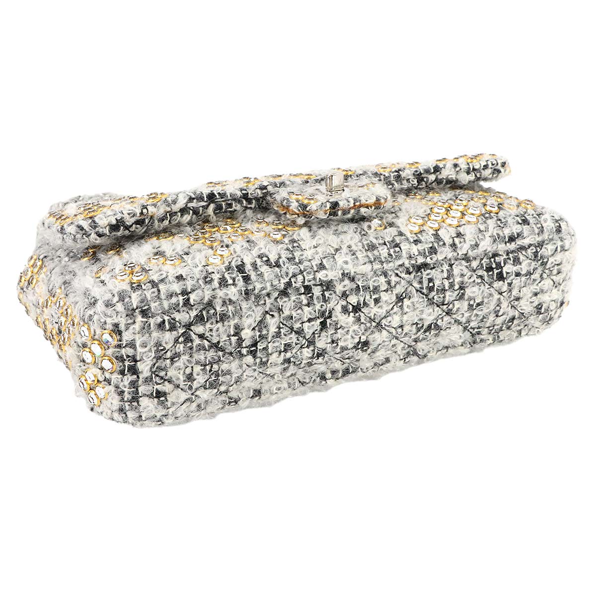 Chain Shoulder Bag Tweed Rhinestone Gray Purse