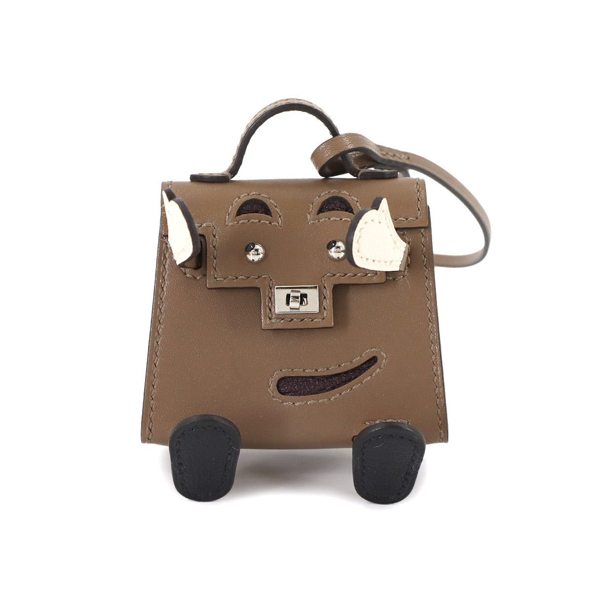 Bijoux de SAC Kelly doll Bag Charm Tadelakt Etoupe Black