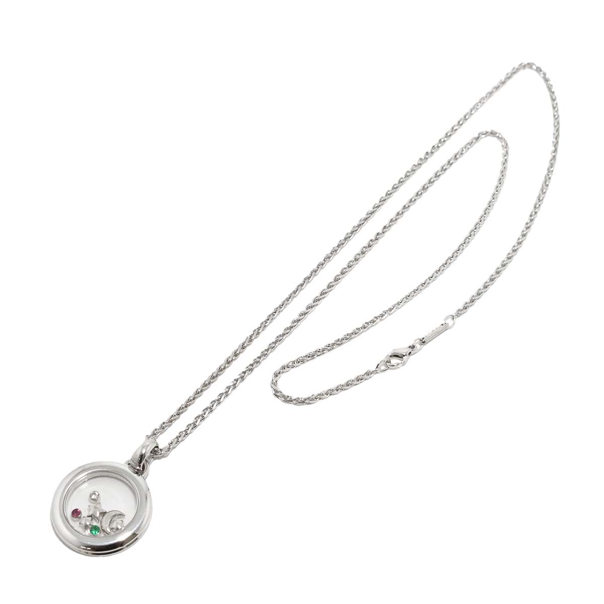 Happy Diamond Moon and Stars Ruby Emerald Necklace 18K WG 750
