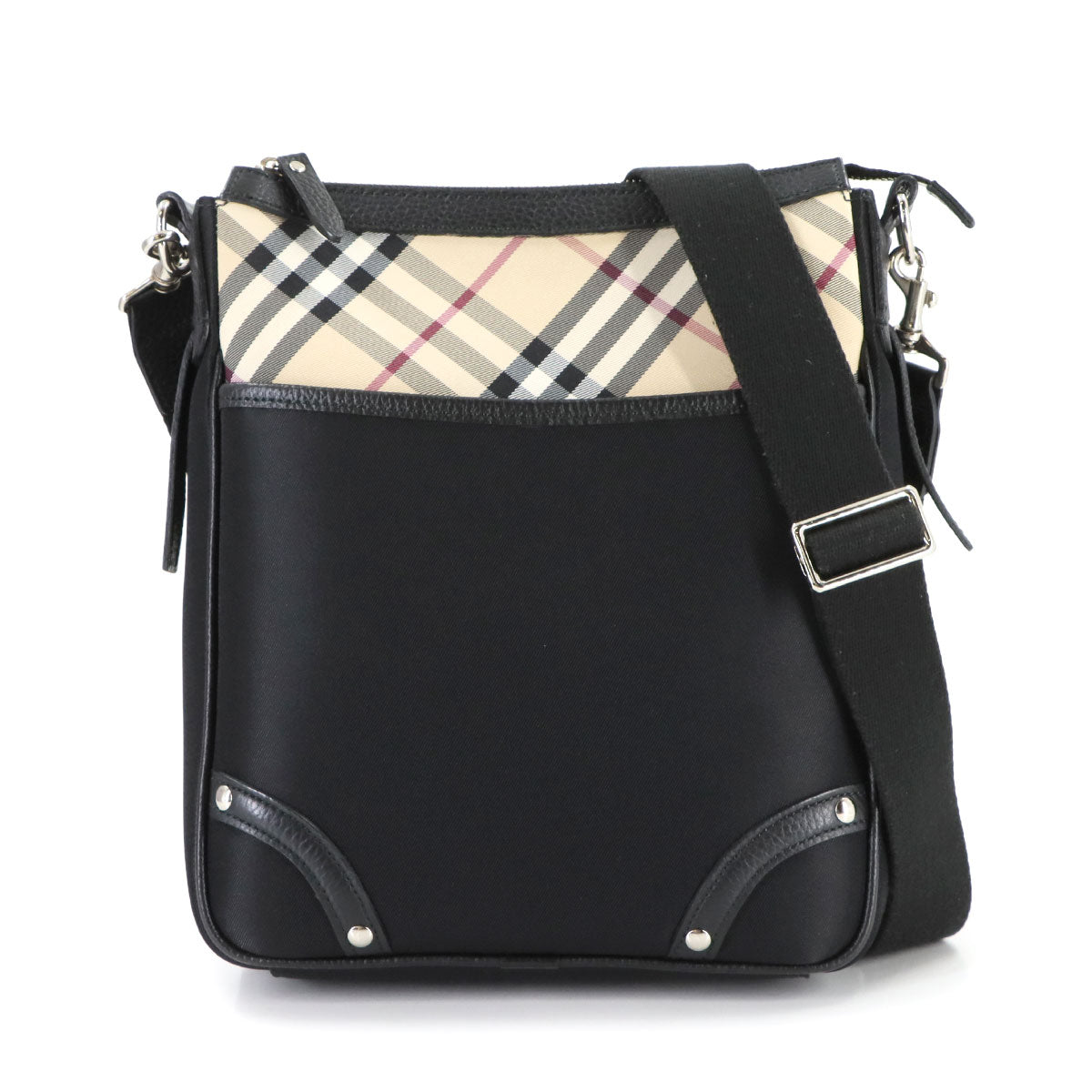 Plaid Shoulder Bag Nylon Leather Black Beige Purse