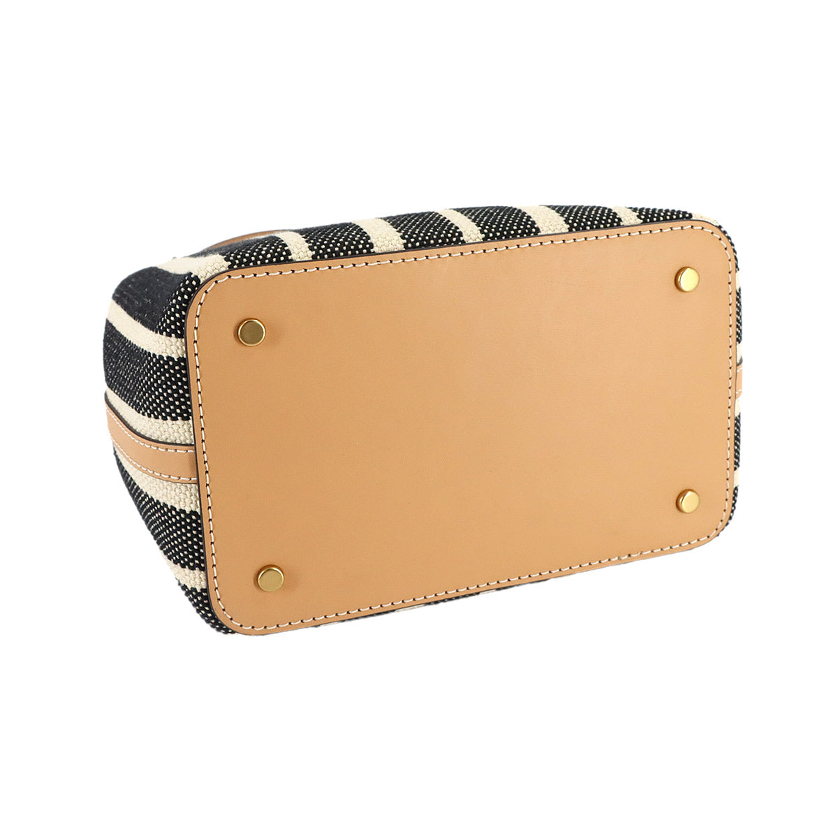 Vertical Stripes Hand Shoulder Bag Canvas Leather Beige