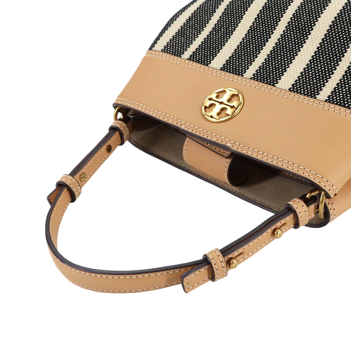 Vertical Stripes Hand Shoulder Bag Canvas Leather Beige