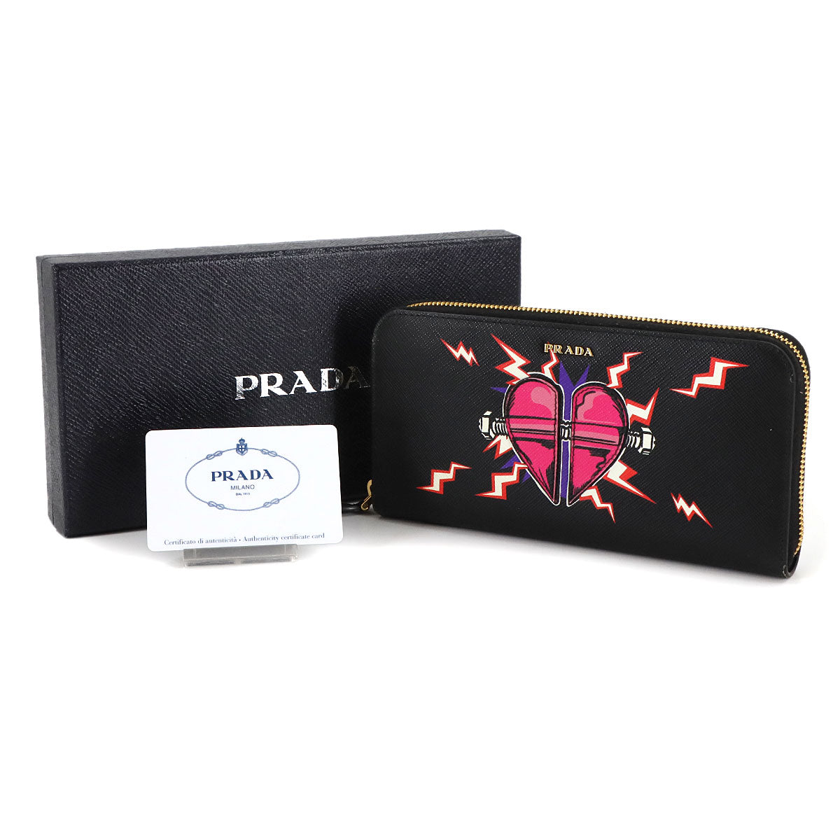 Heart Zipped Around Long Wallet Saffiano Leather Black 1ML506